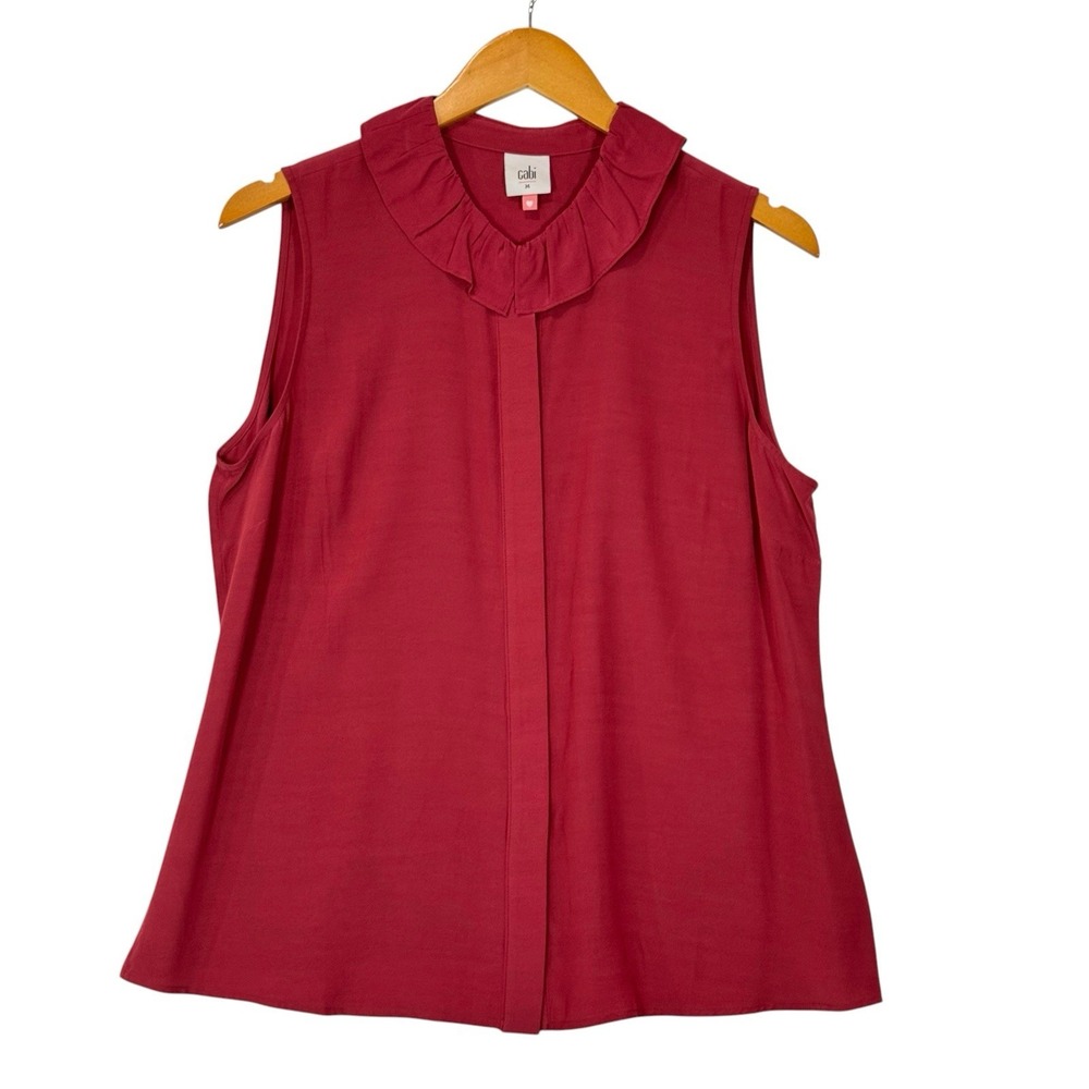 Cabi Ruffle Neck‎ Blouse Womens Medium Red Sleeveless Viscose Dressy Top 4733